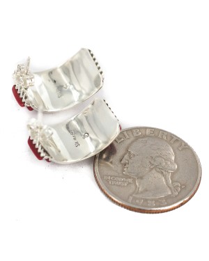 .925 Sterling Silver Certified Authentic Zuni Signed Coral Native American Stud Earrings  18304-1