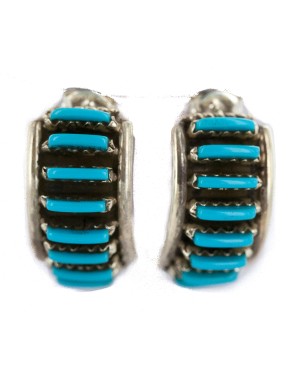 .925 Sterling Silver Certified Authentic Zuni Signed Natural Turquoise Native American Stud Earrings 18304-2