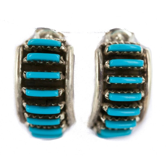 .925 Sterling Silver Certified Authentic Zuni Signed Natural Turquoise Native American Stud Earrings 18304-2 .925 Sterling Silver Certified Authentic Zuni Signed Natural Turquoise Native American Stud Earrings 18304-2