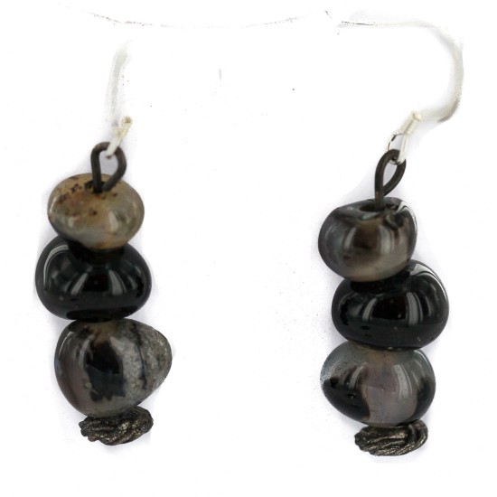 .925 Sterling Silver Hooks Certified Authentic Navajo Natural Agate Native American Dangle Earrings  18296