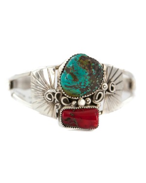Certified Authentic .925 Sterling Silver Navajo Handmade Natural Turquoise Coral Native American Bracelet  1306
