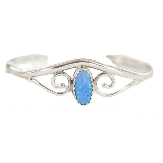 Handmade Navajo .925 Sterling Silver Blue Opal Native American Baby Bracelet 13186-2 Handmade Navajo .925 Sterling Silver Blue Opal Native American Baby Bracelet 13186-2