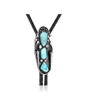 Wave .925 Sterling Silver Certified Authentic Handmade Navajo Native American Natural Turquoise Bolo Tie 34312