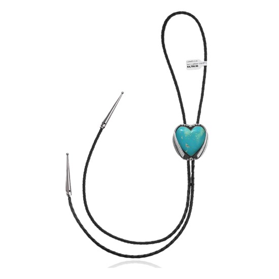 Heart .925 Sterling Silver Certified Authentic Handmade Navajo Native American Natural Turquoise Bolo Tie 34313