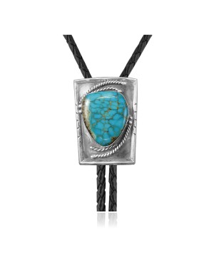 Square .925 Sterling Silver Certified Authentic Handmade Navajo Native American Natural Turquoise Bolo Tie 34314