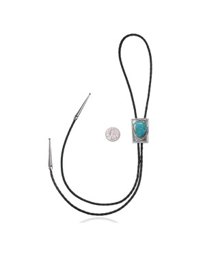 Square .925 Sterling Silver Certified Authentic Handmade Navajo Native American Natural Turquoise Bolo Tie 34314