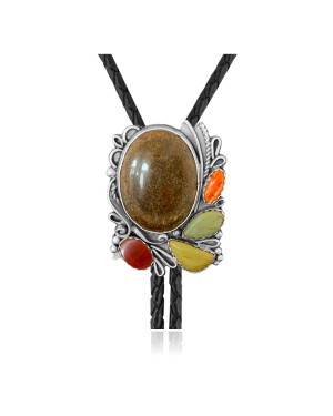 Multicolor .925 Sterling Silver Certified Authentic Handmade Navajo Native American Natural Turquoise Spiny Oyster Bolo Tie 34315