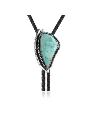 Swirl .925 Sterling Silver Certified Authentic Handmade Navajo Native American Natural Turquoise Bolo Tie 34319