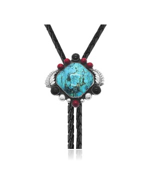 Feather .925 Sterling Silver Certified Authentic Handmade Navajo Native American Natural Turquoise Coral Black Onyx Bolo Tie 34320