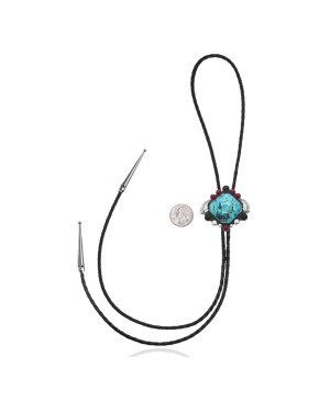 Feather .925 Sterling Silver Certified Authentic Handmade Navajo Native American Natural Turquoise Coral Black Onyx Bolo Tie 34320