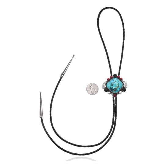 Feather .925 Sterling Silver Certified Authentic Handmade Navajo Native American Natural Turquoise Coral Black Onyx Bolo Tie 34320