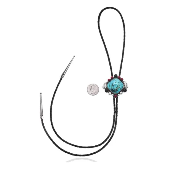 Feather .925 Sterling Silver Handmade Navajo Native American Natural Turquoise Coral Black Onyx Bolo Tie 34320 Feather .925 Sterling Silver Handmade Navajo Native American Natural Turquoise Coral Black Onyx Bolo Tie 34320