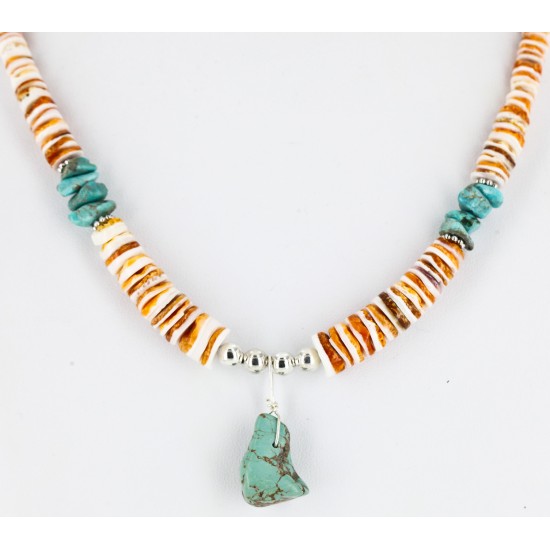 Certified Authentic Navajo .925 Sterling Silver Turquoise Turquoise Spiny Oyster and Graduated Heishi Native American Necklace 16061
