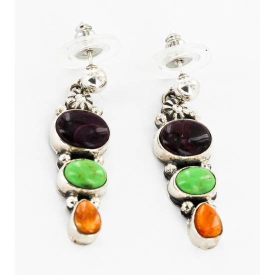 Certified Authentic Handmade Navajo .925 Sterling Silver Dangle Natural Sugilite Gaspeite Spiny Oyster Native American Earrings 27165-3