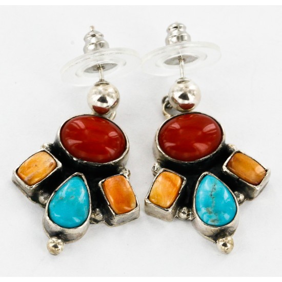Certified Authentic Handmade Navajo .925 Sterling Silver Natural Turquoise Coral Spiny Oyster Native American Dangle Earrings 27166-1