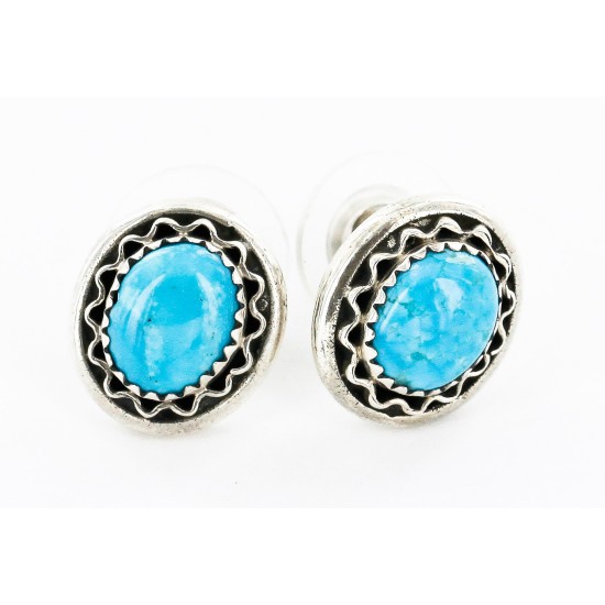 Certified Authentic Handmade Navajo .925 Sterling Silver Stud Native American Earrings Natural Turquoise 27169-2