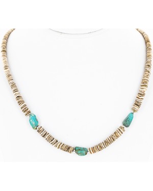 Certified Authentic Navajo .925 Sterling Silver Graduated Heishi and Spiny Oyster Turquoise Native American Necklace 16059
