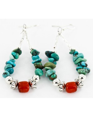 Certified Authentic Navajo .925 Sterling Silver Hooks Natural Turquoise Coral Native American Earrings 18098-4