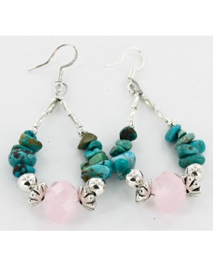 Certified Authentic Navajo .925 Sterling Silver Hooks Natural Turquoise Pink Quartz Native American Earrings 18098-3