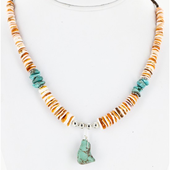 Certified Authentic Navajo .925 Sterling Silver Turquoise Turquoise Spiny Oyster and Graduated Heishi Native American Necklace 16061