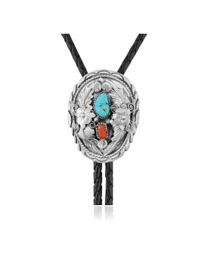 Flower Leaf .925 Sterling Silver Certified Authentic Handmade Navajo Native American Natural Turquoise Coral Bolo Tie 34337