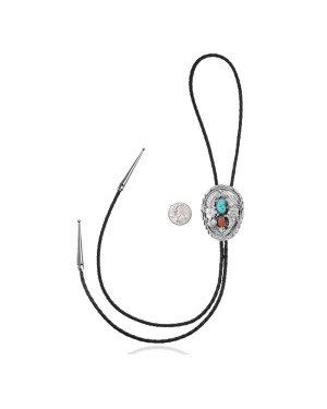 Flower Leaf .925 Sterling Silver Certified Authentic Handmade Navajo Native American Natural Turquoise Coral Bolo Tie 34337 Flower Leaf .925 Sterling Silver Certified Authentic Handmade Navajo Native American Natural Turquoise Coral Bolo Tie 34337
