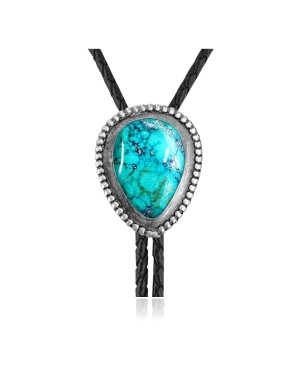 Swirl .925 Sterling Silver Certified Authentic Handmade Navajo Native American Natural Turquoise Bolo Tie 34338