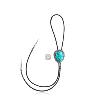 Swirl .925 Sterling Silver Certified Authentic Handmade Navajo Native American Natural Turquoise Bolo Tie 34338