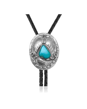 Leaf .925 Sterling Silver Certified Authentic Handmade Navajo Native American Natural Turquoise Bolo Tie 34339