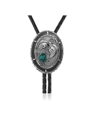 Leaf .925 Sterling Silver Certified Authentic Handmade Navajo Native American Natural Turquoise Bolo Tie 34342