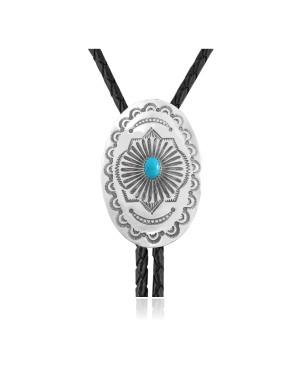Sun .925 Sterling Silver Certified Authentic Handmade Navajo Native American Natural Turquoise Bolo Tie 34343