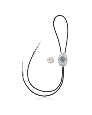 Sun .925 Sterling Silver Certified Authentic Handmade Navajo Native American Natural Turquoise Bolo Tie 34343