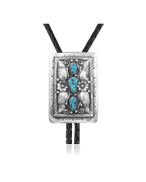Flower Leaf .925 Sterling Silver Certified Authentic Handmade Navajo Native American Natural Turquoise Bolo Tie 34344