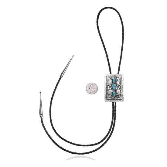 Flower Leaf .925 Sterling Silver Certified Authentic Handmade Navajo Native American Natural Turquoise Bolo Tie 34344