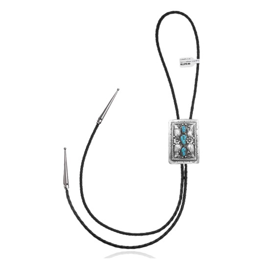 Flower Leaf .925 Sterling Silver Certified Authentic Handmade Navajo Native American Natural Turquoise Bolo Tie 34344