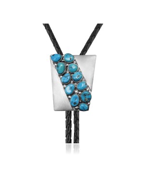 Handmade Certified Authentic Navajo .925 Sterling Silver Native American Natural Turquoise Bolo Tie 34347