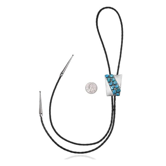 Handmade Navajo .925 Sterling Silver Native American Natural Turquoise Bolo Tie 34347 Handmade Navajo .925 Sterling Silver Native American Natural Turquoise Bolo Tie 34347