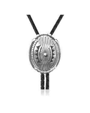 Sun .925 Sterling Silver Certified Authentic Handmade Navajo Native American Natural Turquoise Bolo Tie 34348