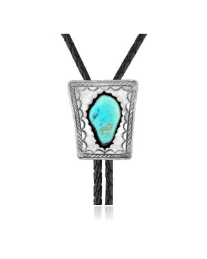 Wave .925 Sterling Silver Certified Authentic Handmade Navajo Native American Natural Turquoise Bolo Tie 34350