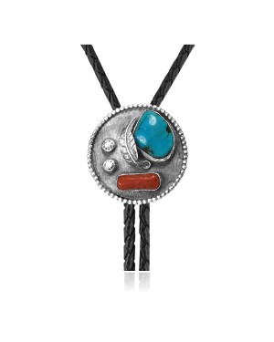 Leaf .925 Sterling Silver Certified Authentic Handmade Navajo Native American Natural Turquoise Coral Bolo Tie 34351