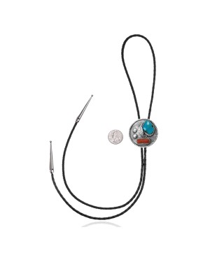 Leaf .925 Sterling Silver Certified Authentic Handmade Navajo Native American Natural Turquoise Coral Bolo Tie 34351
