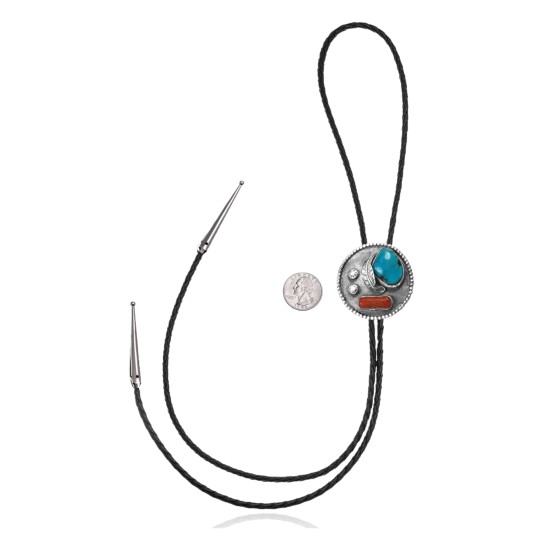 Leaf .925 Sterling Silver Certified Authentic Handmade Navajo Native American Natural Turquoise Coral Bolo Tie 34351 Leaf .925 Sterling Silver Certified Authentic Handmade Navajo Native American Natural Turquoise Coral Bolo Tie 34351