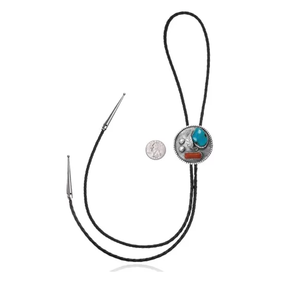 Leaf .925 Sterling Silver Handmade Navajo Native American Natural Turquoise Coral Bolo Tie 34351