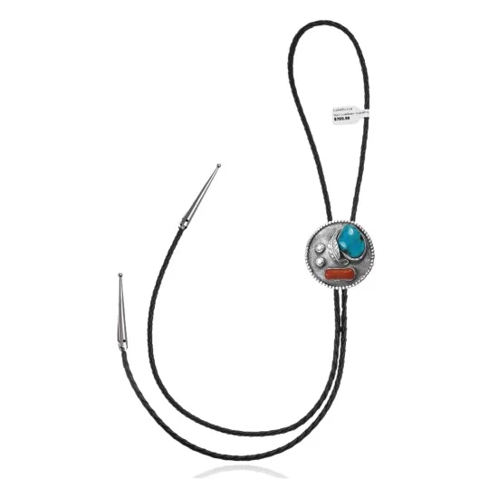 Leaf .925 Sterling Silver Handmade Navajo Native American Natural Turquoise Coral Bolo Tie 34351