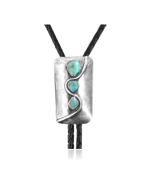 Wave .925 Sterling Silver Certified Authentic Handmade Navajo Native American Natural Turquoise Bolo Tie 34353