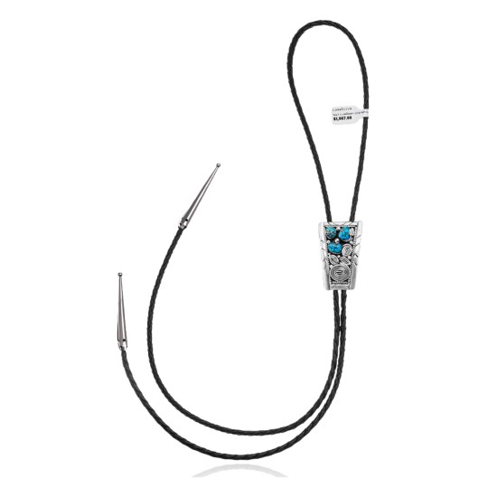 Swirl .925 Sterling Silver Certified Authentic Handmade Navajo Native American Natural Turquoise Bolo Tie 34354