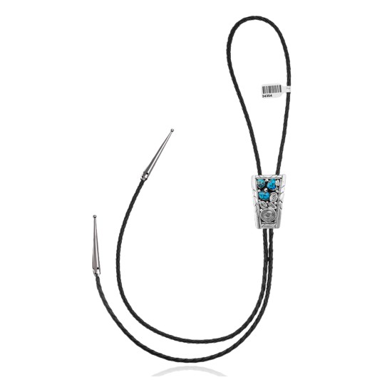 Swirl .925 Sterling Silver Certified Authentic Handmade Navajo Native American Natural Turquoise Bolo Tie 34354