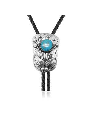 Leaf .925 Sterling Silver Certified Authentic Handmade Navajo Native American Natural Turquoise Bolo Tie 34355