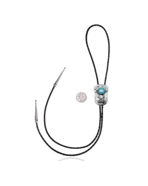 Leaf .925 Sterling Silver Certified Authentic Handmade Navajo Native American Natural Turquoise Bolo Tie 34355