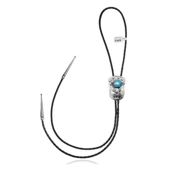 Leaf .925 Sterling Silver Certified Authentic Handmade Navajo Native American Natural Turquoise Bolo Tie 34355